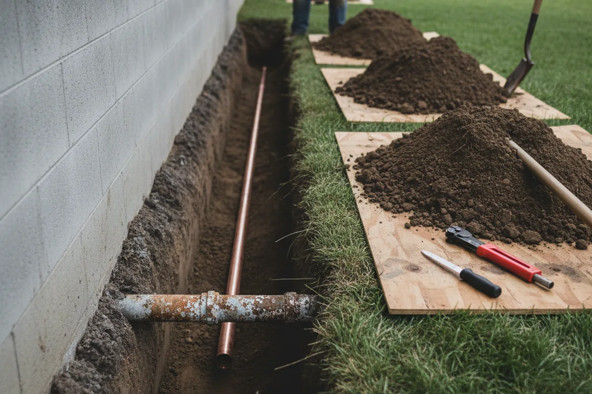 Excavated water line trench during Sewer Line Repair in Glen Ellen